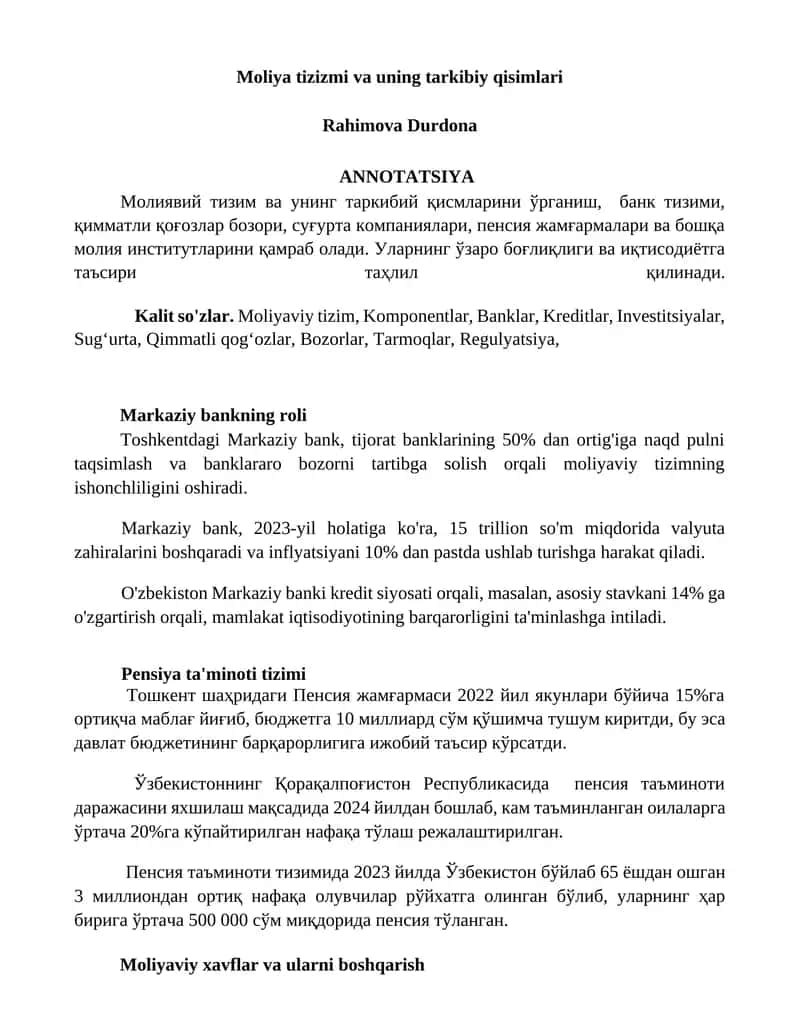 Moliya tizizmi va uning tarkibiy qisimlari