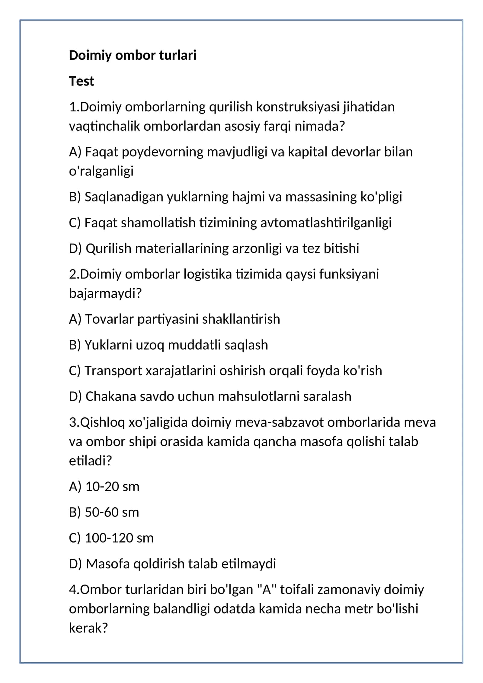 doimiy ombor turlari test 50 ta