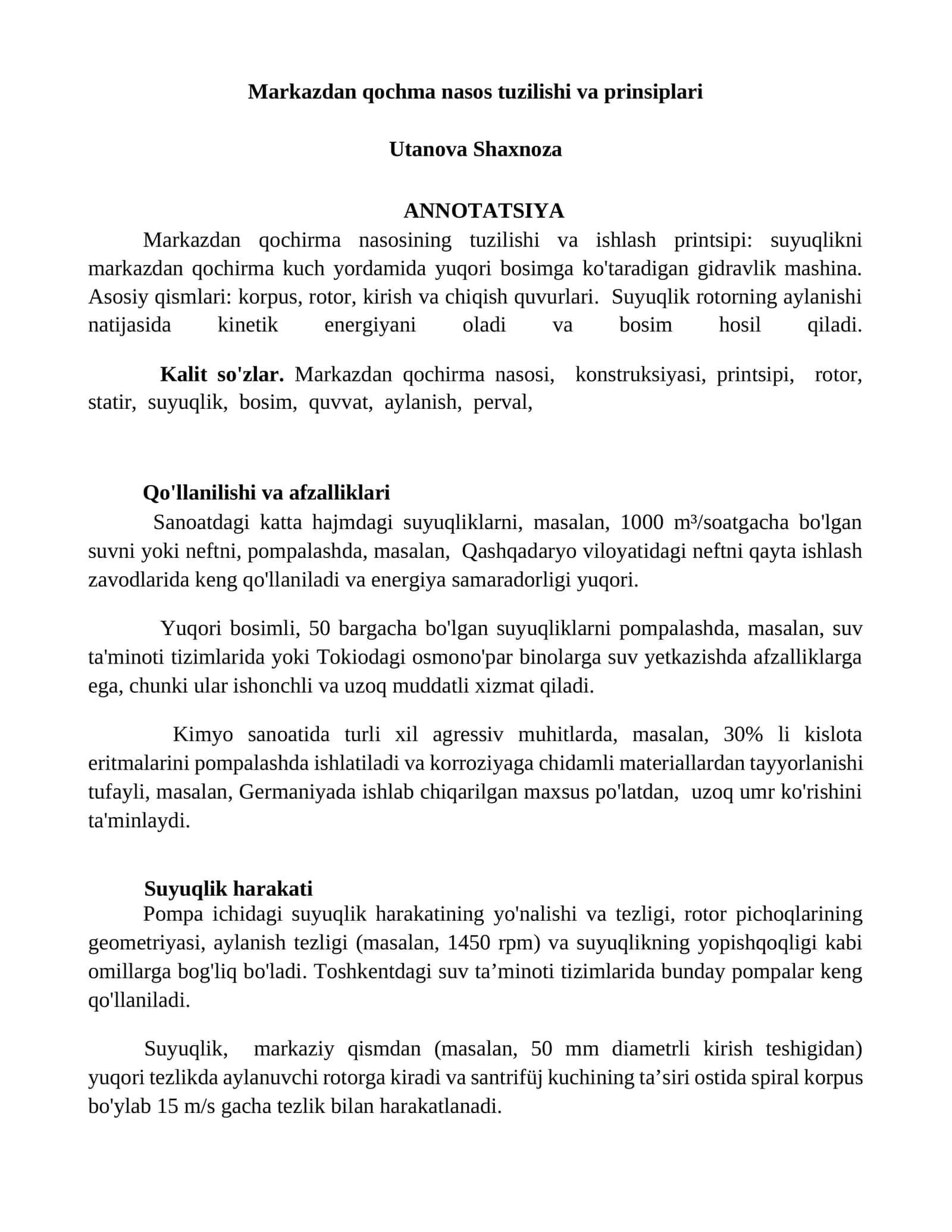 Markazdan qochma nasos tuzilishi va prinsiplari