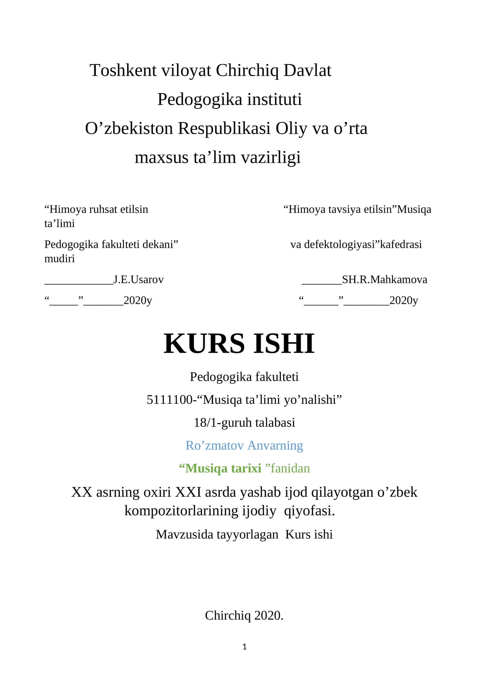 XX asrning oxiri XXI asrda yashab ijod qilayotgan o’zbek kompozitorlarining ijodiy qiyofasi