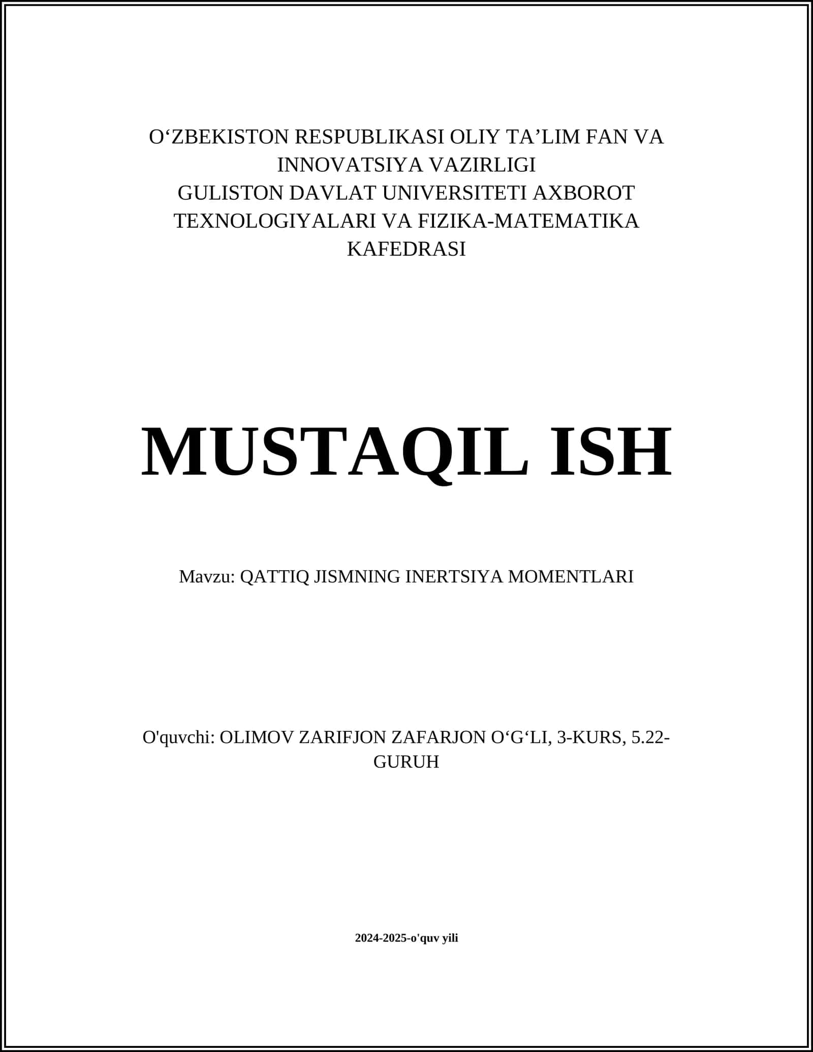 QATTIQ JISMNING INERTSIYA MOMENTLARI