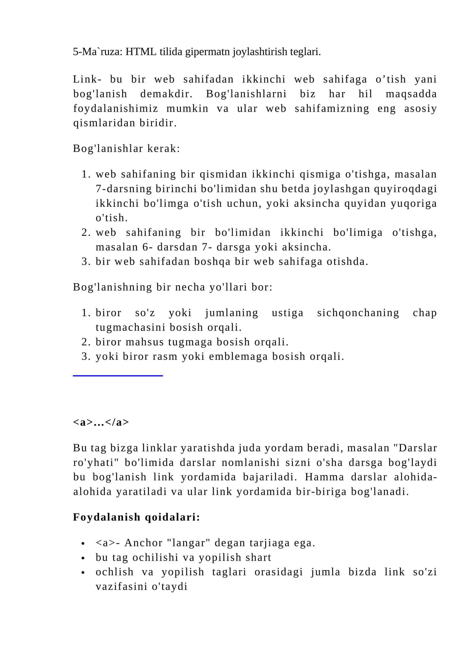 HTML tilida gipermatn joylashtirish teglari