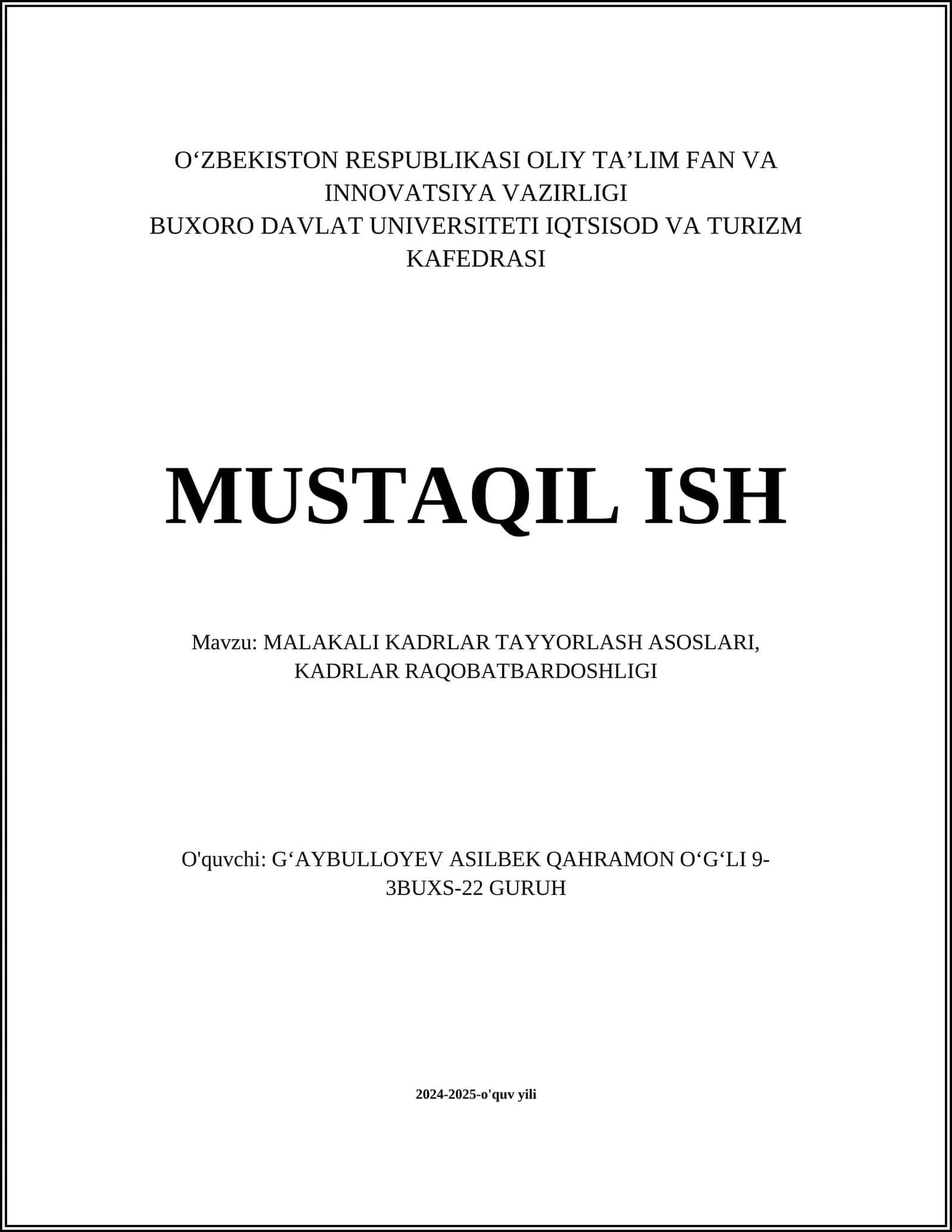 MALAKALI KADRLAR TAYYORLASH ASOSLARI