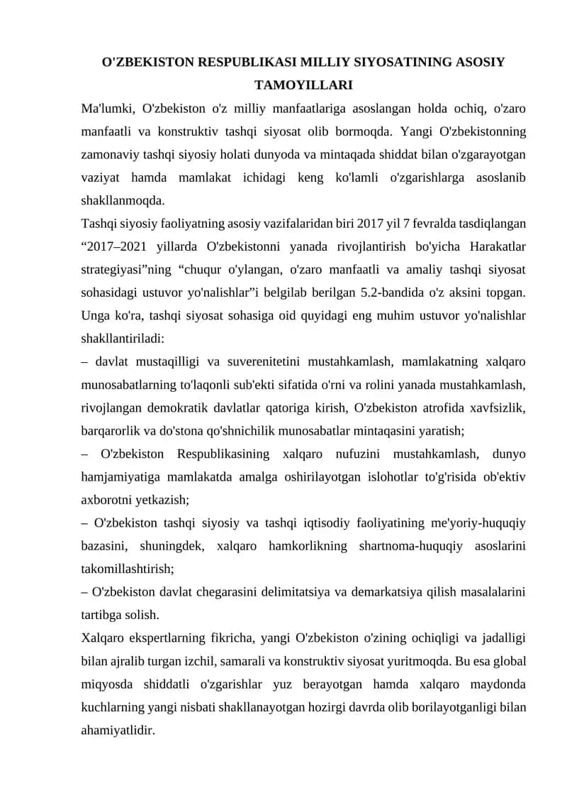 O'ZBEKISTON RESPUBLIKASI MILLIY SIYOSATINING ASOSIY TAMOYILLARI