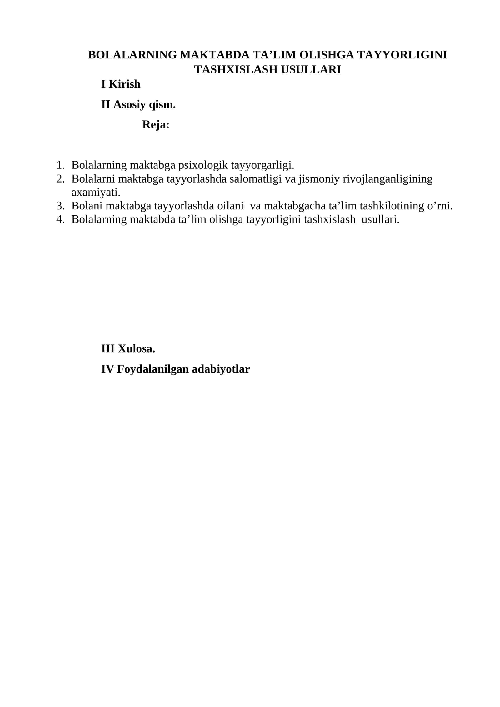BOLALARNING MAKTABDA TA’LIM OLISHGA TAYYORLIGINI TASHXISLASH USULLARI