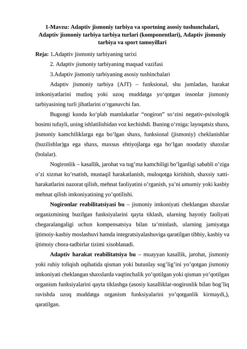 Adaptiv jismoniy tarbiya va sportning asosiy tushunchalari