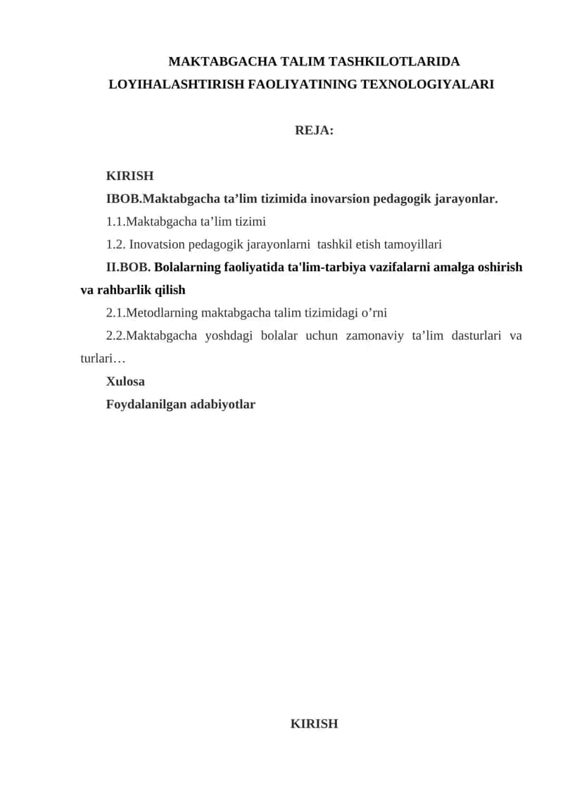 MAKTABGACHA TALIM TASHKILOTLARIDA LOYIHALASHTIRISH FAOLIYATINING TEXNOLOGIYALARI