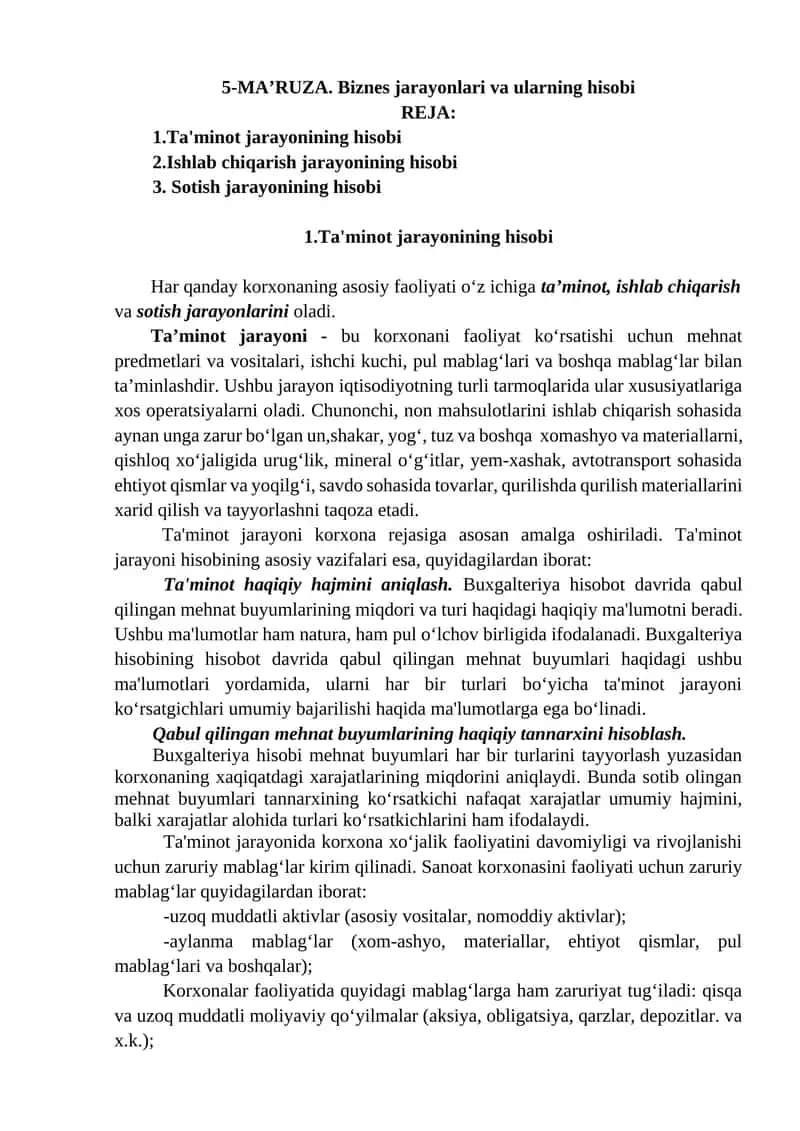 Biznes jarayonlari va ularning hisobi