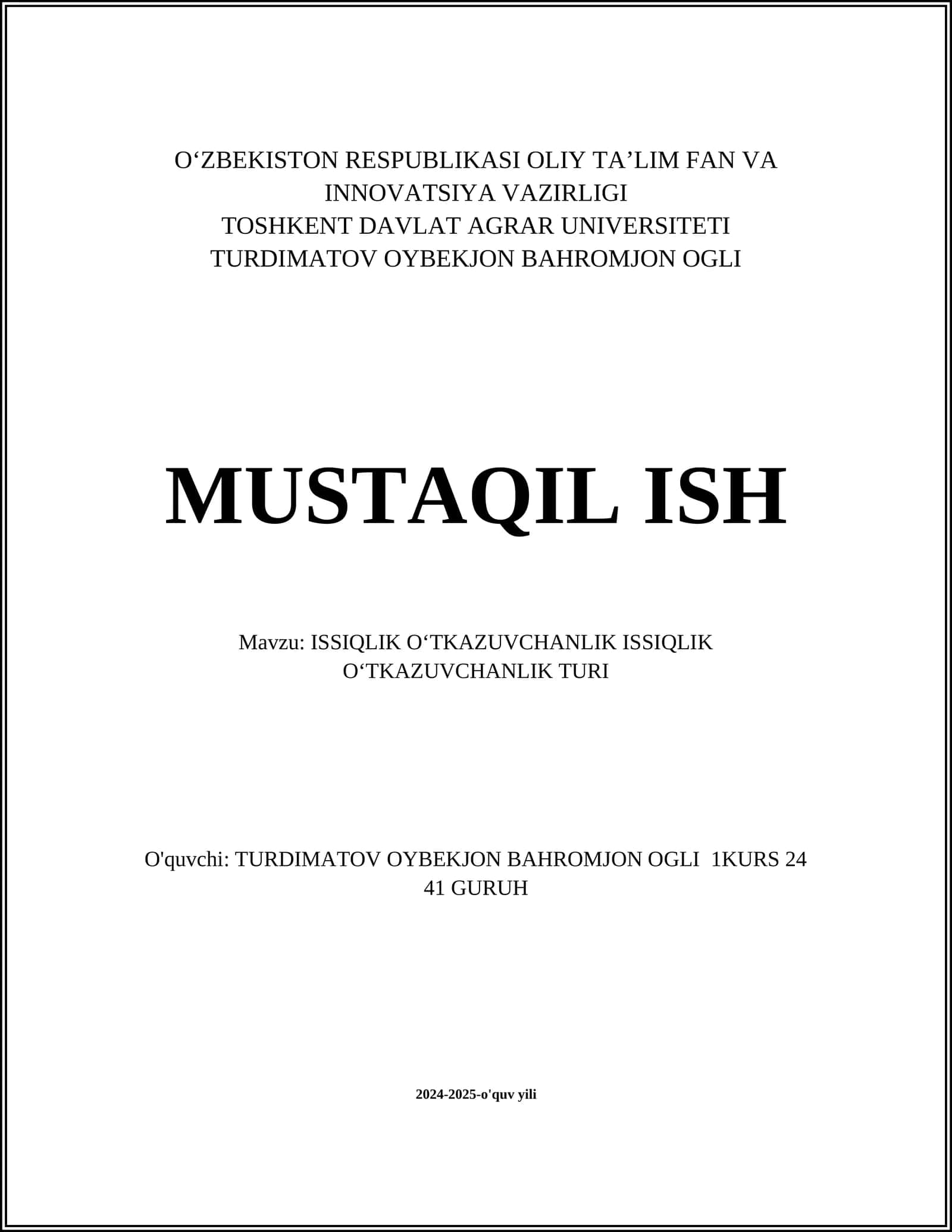 ISSIQLIK O‘TKAZUVCHANLIK TURI