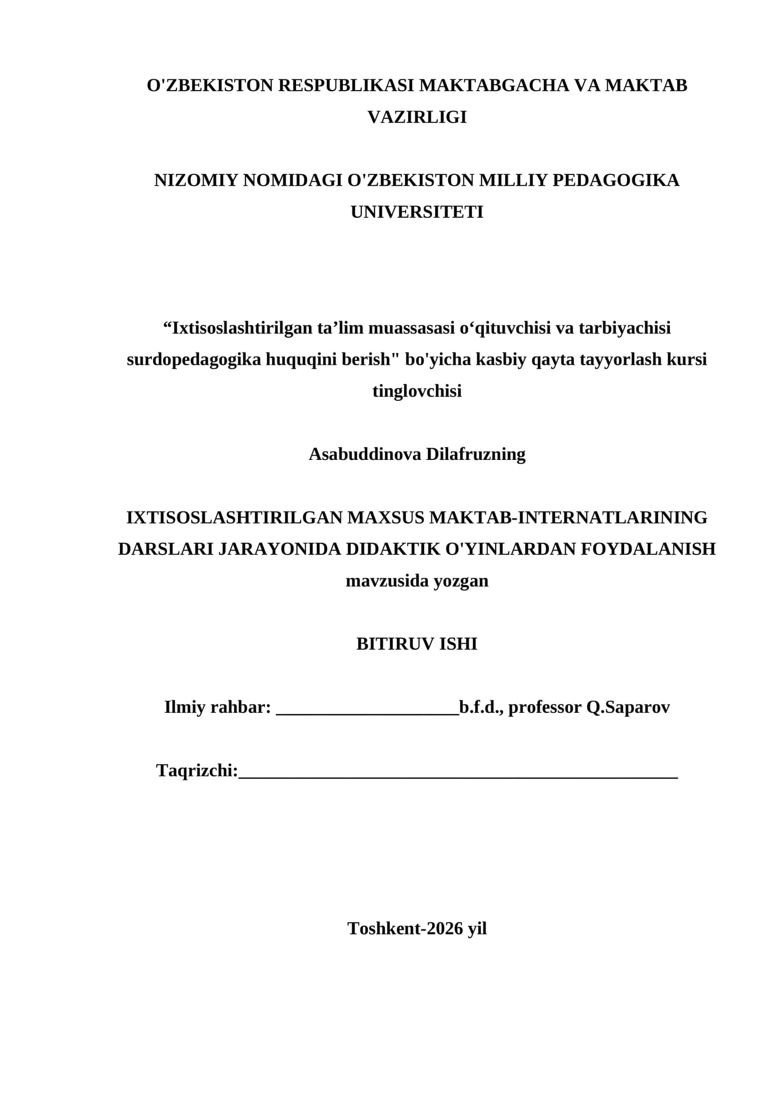 IXTISOSLASHTIRILGAN MAXSUS MAKTAB-INTERNATLARINING DARSLARI JARAYONIDA DIDAKTIK O'YINLARDAN FOYDALANISH