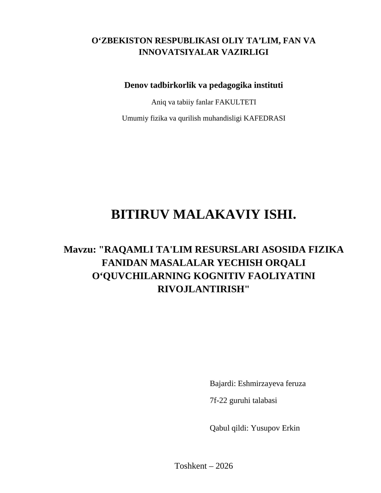 Raqamli ta'lim resurslari asosida fizika fanidan masalalar yechish orqali oʻquvchilarning kognitiv faoliyatini rivojlantirish