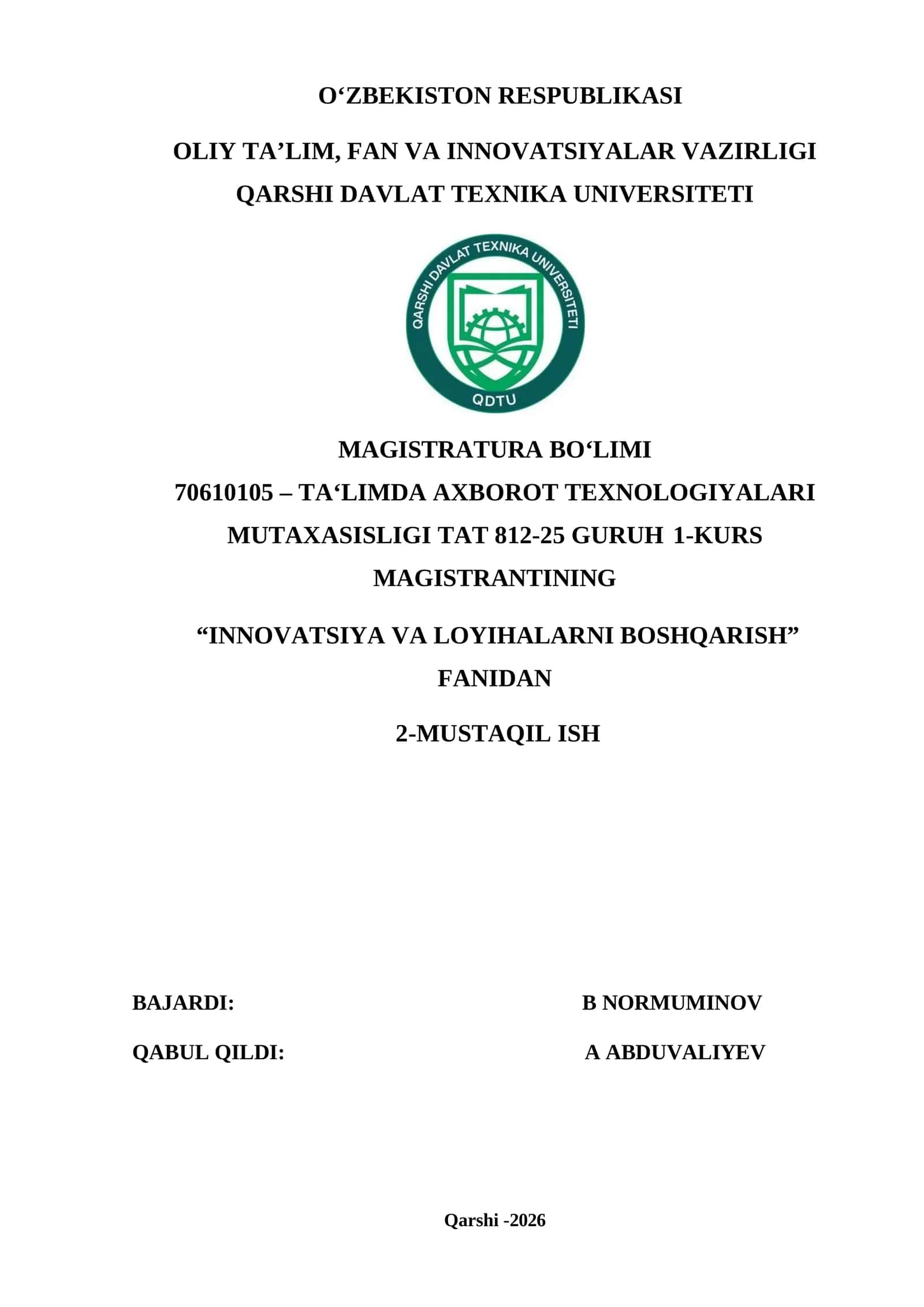 Innovatsiya va loyihalarni boshqarish