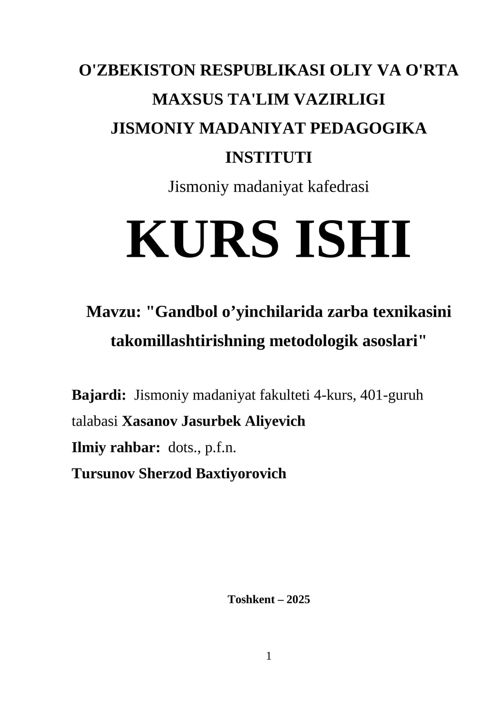 Gandbol o’yinchilarida zarba texnikasini takomillashtirishning metodologik asoslari