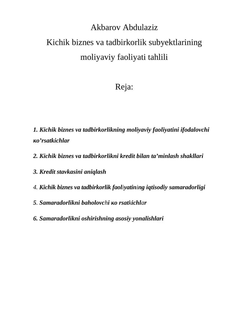 Kichik biznes va tadbirkorlik subyektlarining moliyaviy faoliyati tahlili