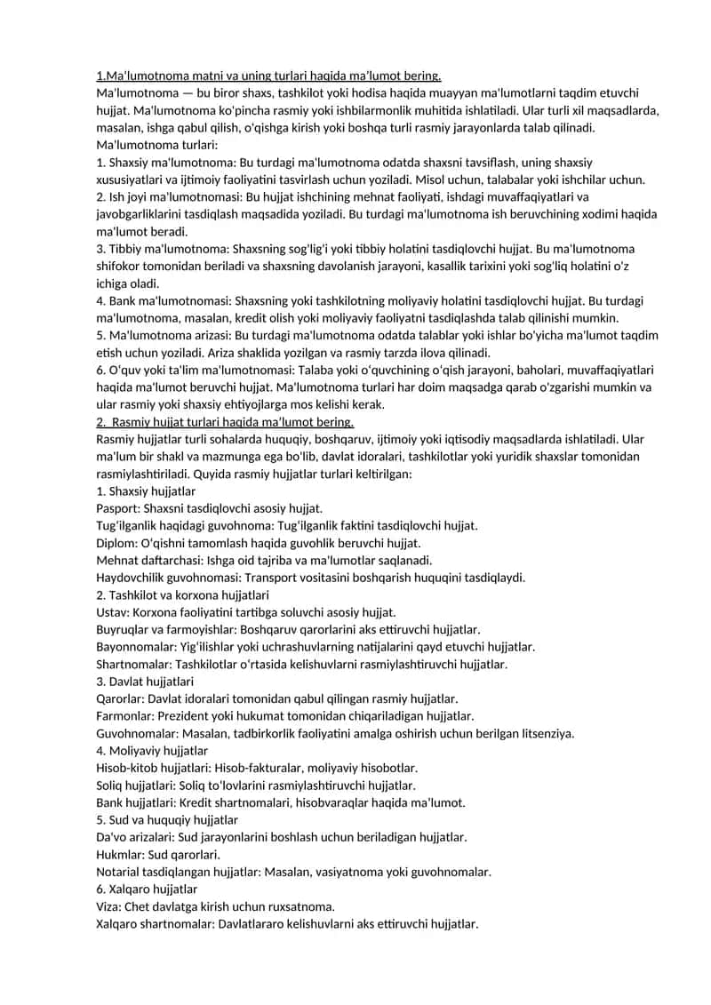 Ma’lumotnoma Turlari