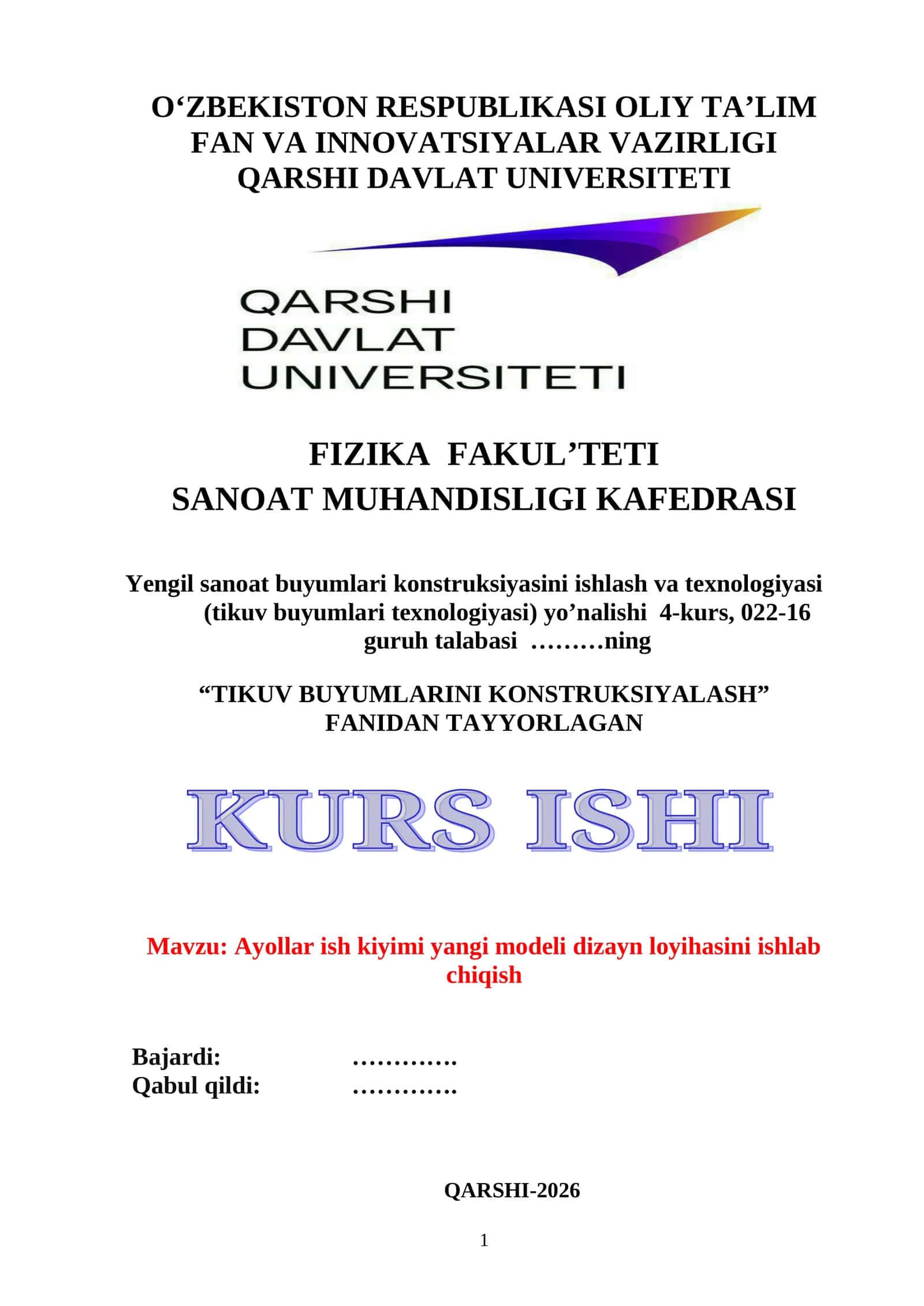 Ayollar ish kiyimi yangi modeli dizayn loyihasini ishlab chiqish mavzusida tayyor kurs ishi