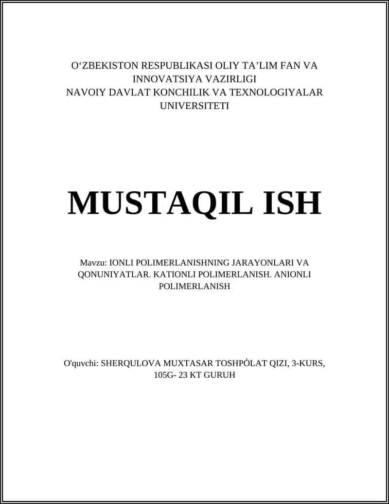 IONLI POLIMERLANISHNING JARAYONLARI VA QONUNIYATLAR