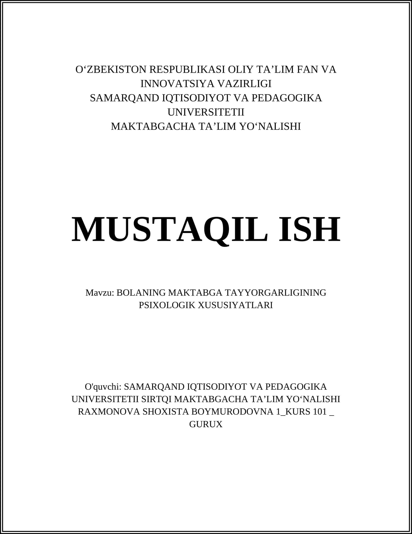 BOLANING MAKTABGA TAYYORGARLIGINING PSIXOLOGIK XUSUSIYATLARI
