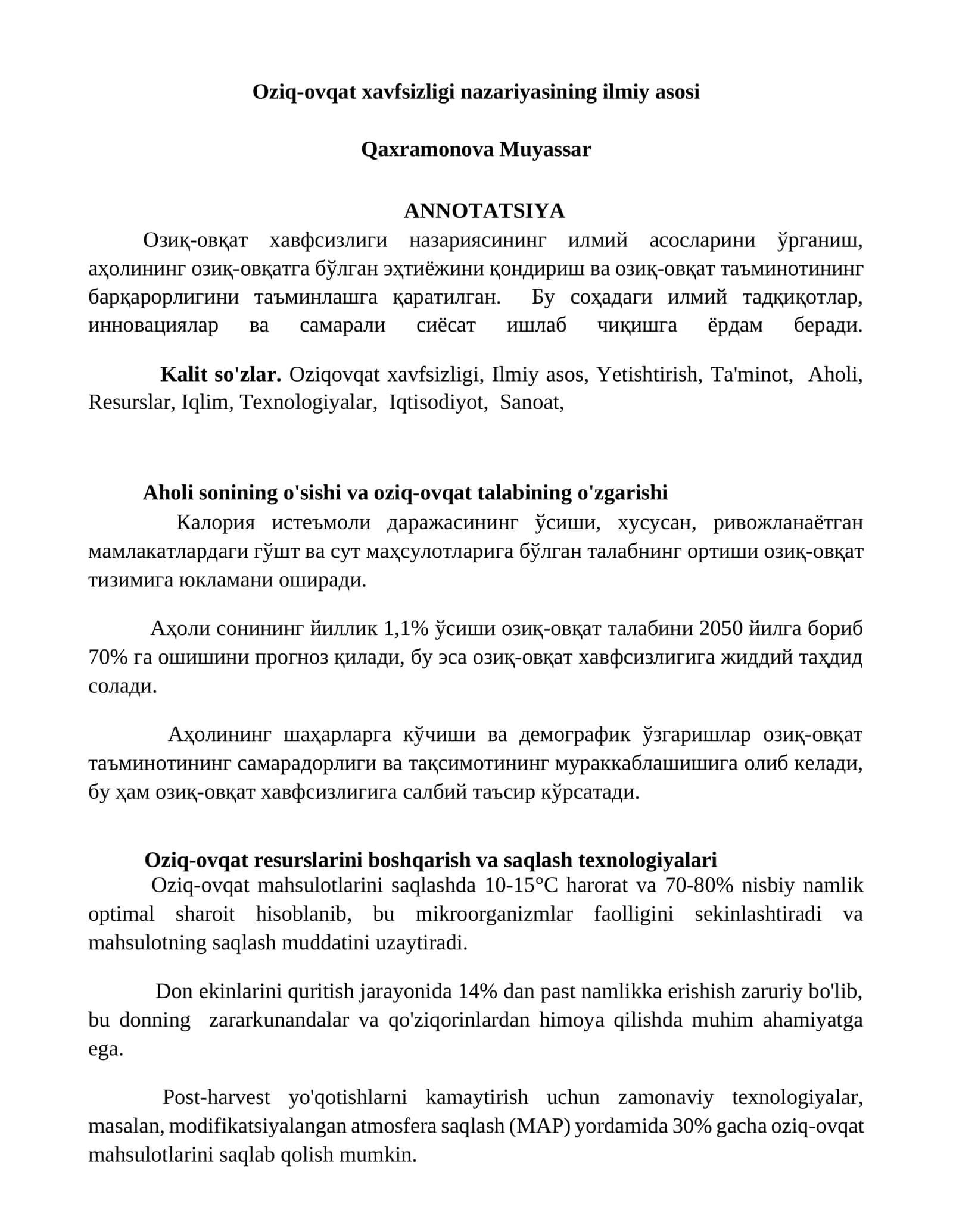 Oziq-ovqat xavfsizligi nazariyasining ilmiy asosi