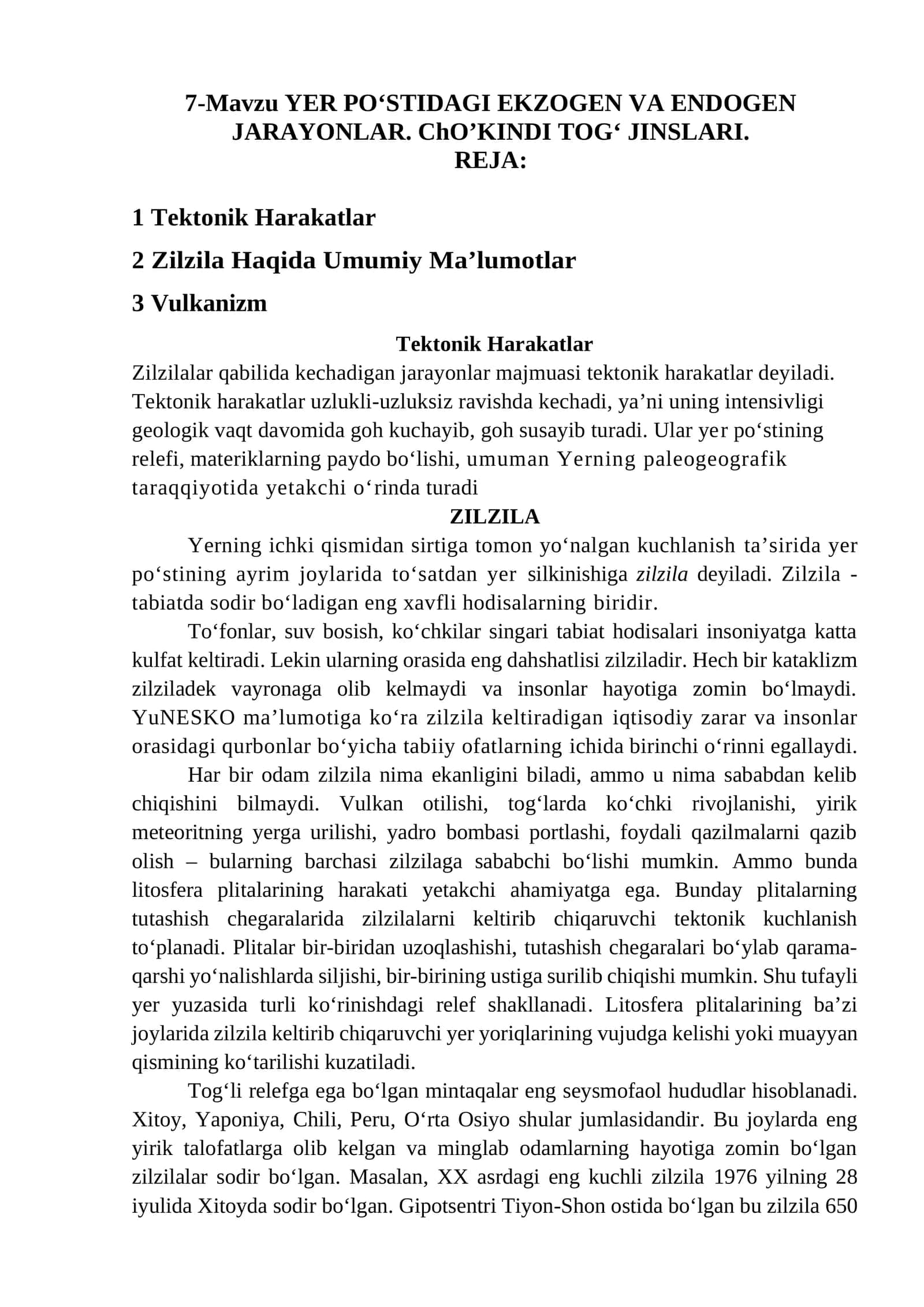 YER PO‘STIDAGI EKZOGEN VA ENDOGEN JARAYONLAR. ChO’KINDI TOG‘ JINSLARI