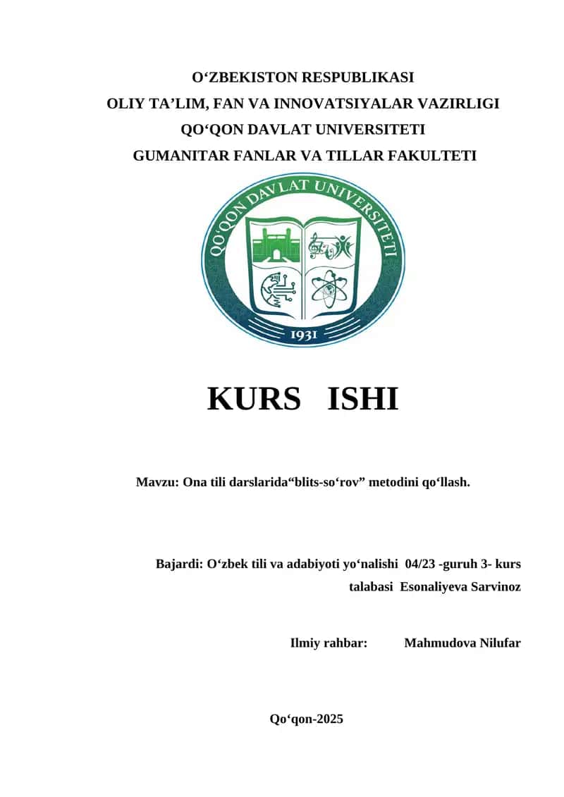 Ona tili darslarida“blits-so‘rov” metodini qo‘llash.