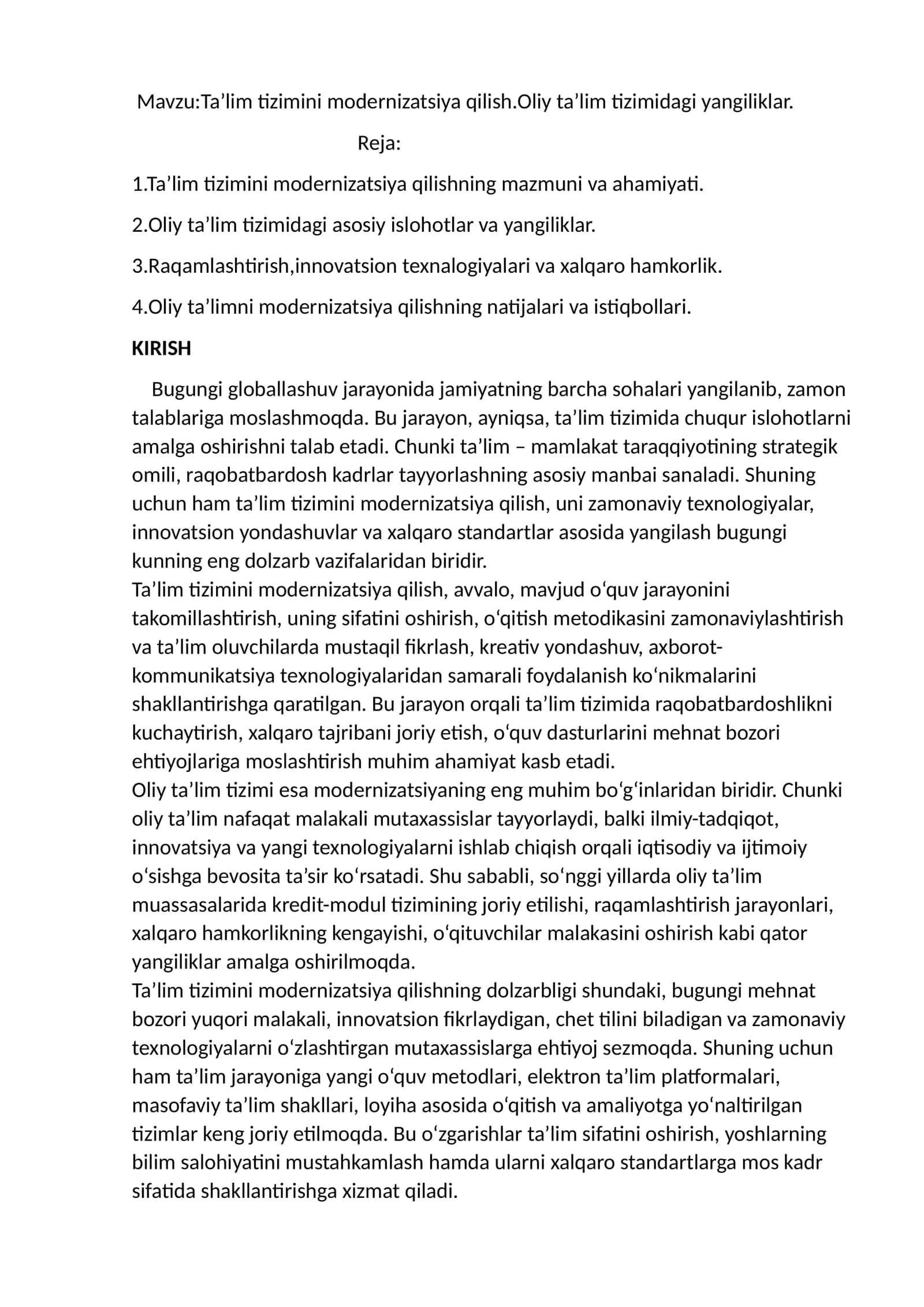 Ta’lim tizimini modernizatsiya qilish