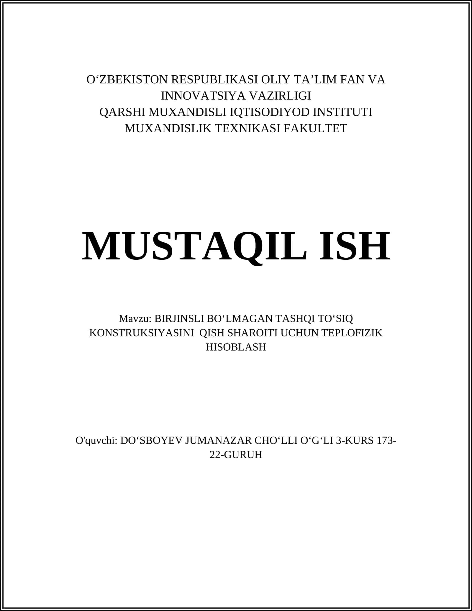 BIRJINSLI BO‘LMAGAN TASHQI TO‘SIQ KONSTRUKSIYASINI QISH SHAROITI UCHUN TEPLOFIZIK HISOBLASH