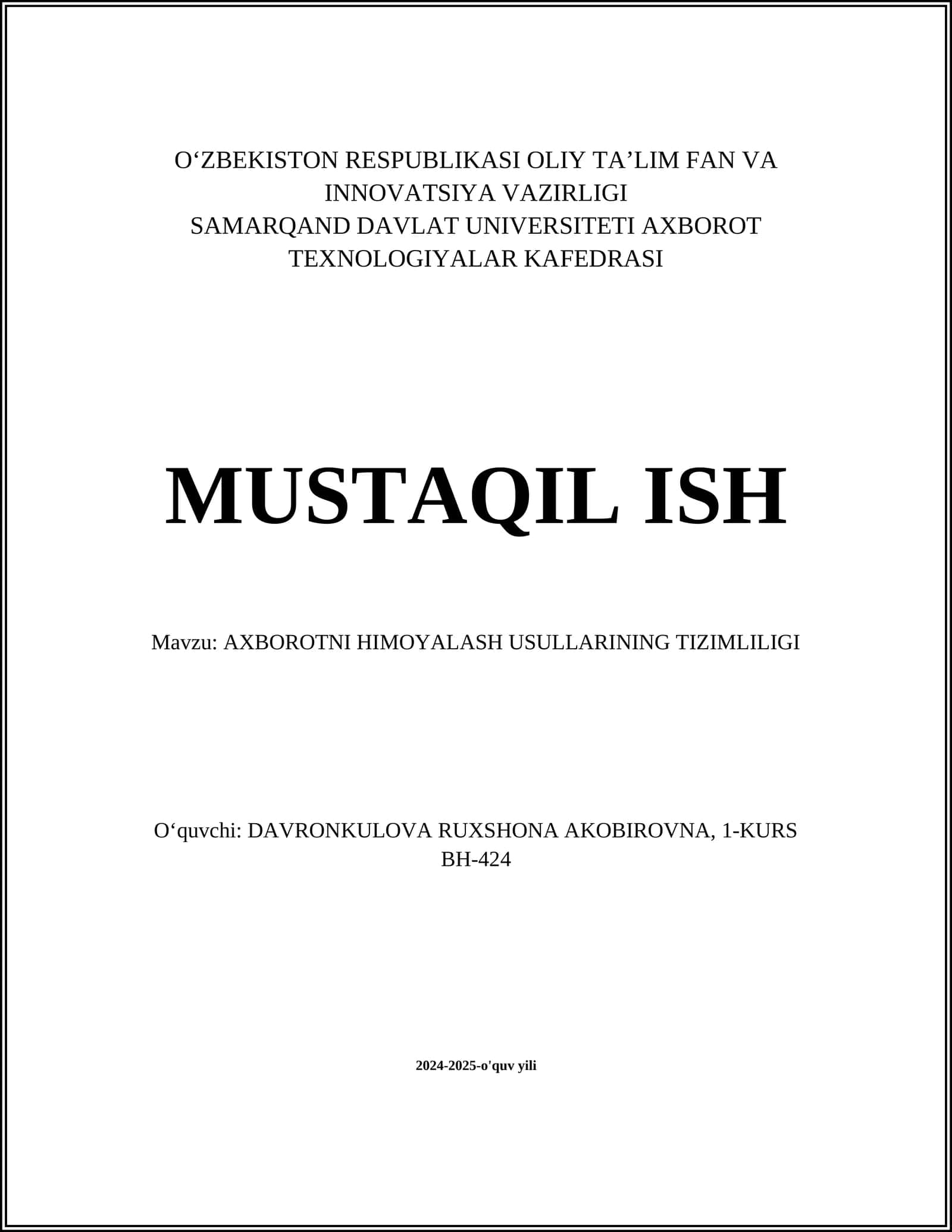 AXBOROTNI HIMOYALASH USULLARINING TIZIMLILIGI