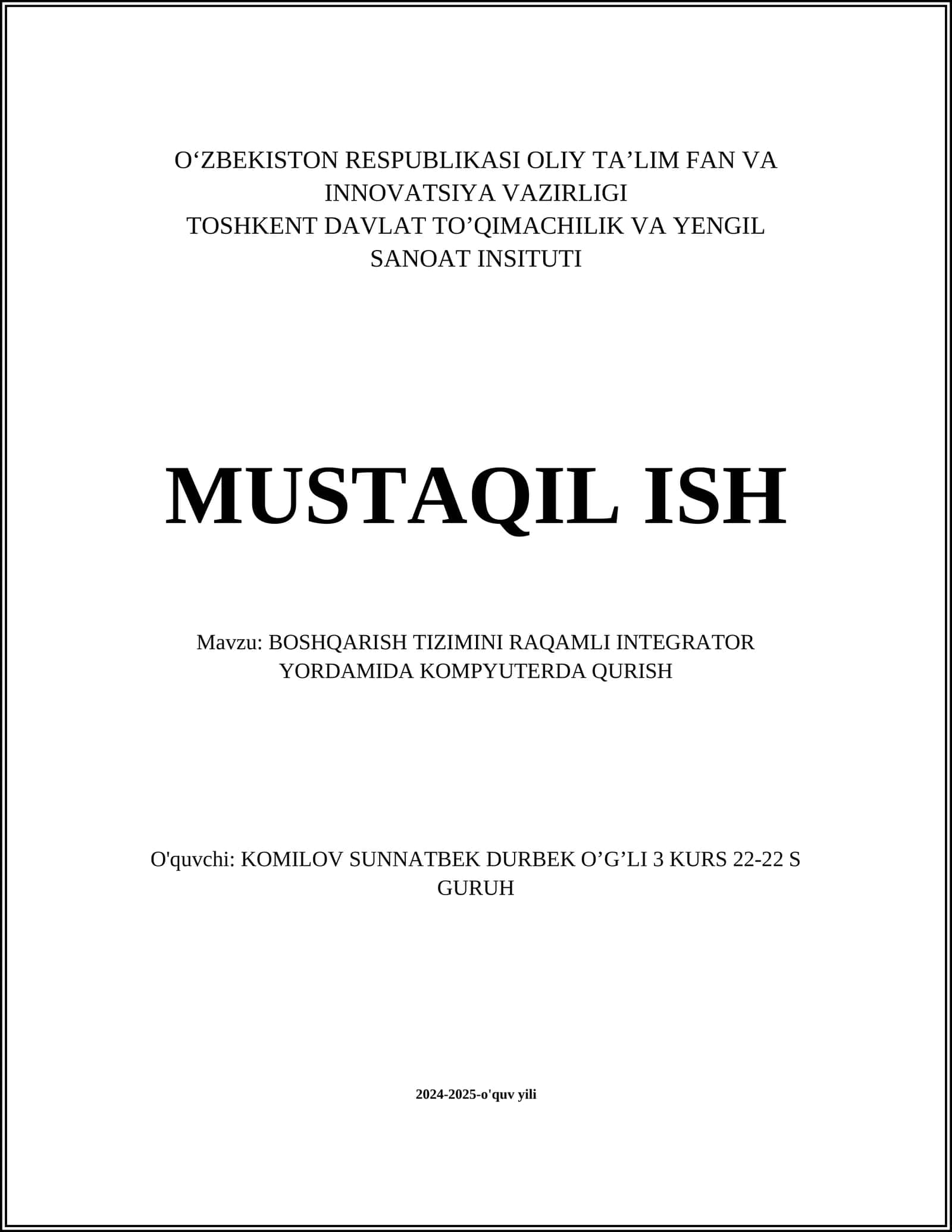 Boshqarish tizimini raqamli integrator yordamida kompyuterda qurish