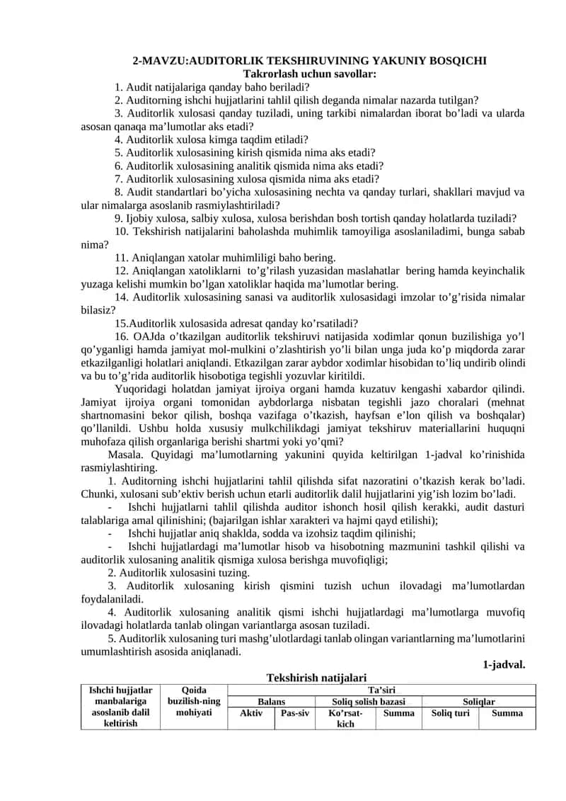 AUDITORLIK TEKSHIRUVINING YAKUNIY BOSQICHI