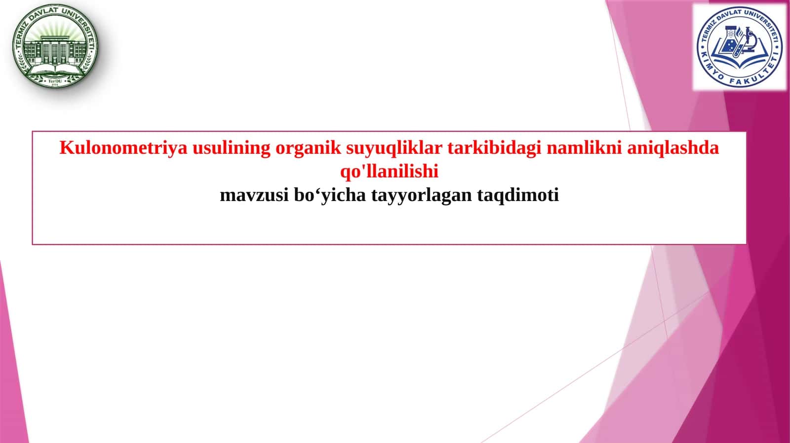 Kulonometriya usuli ning organik suyuqliklar tarkibidagi namlikni aniqlash da qo'llanilishi
