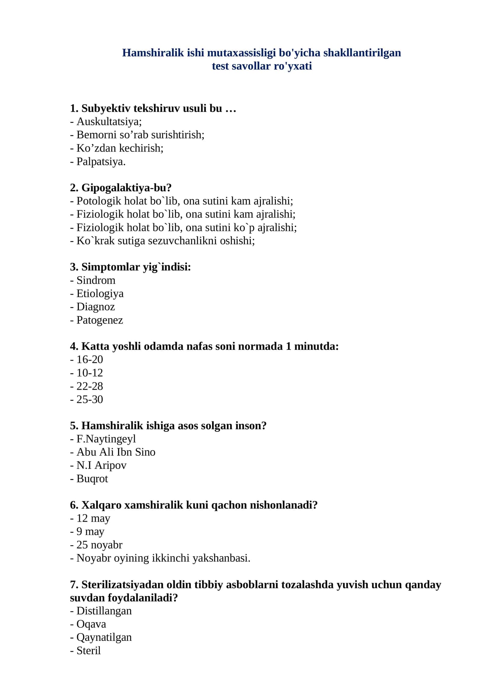 2026 HAMSHIRALIK ISHI TEST SAVOLLARI