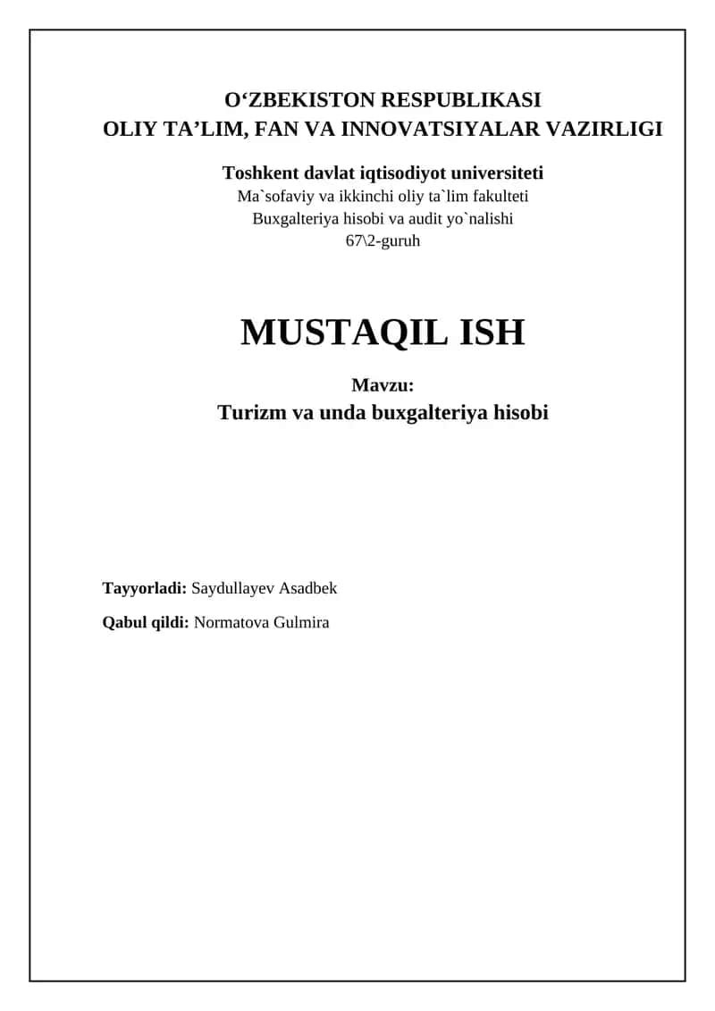 Turizm va unda buxgalteriya hisobi