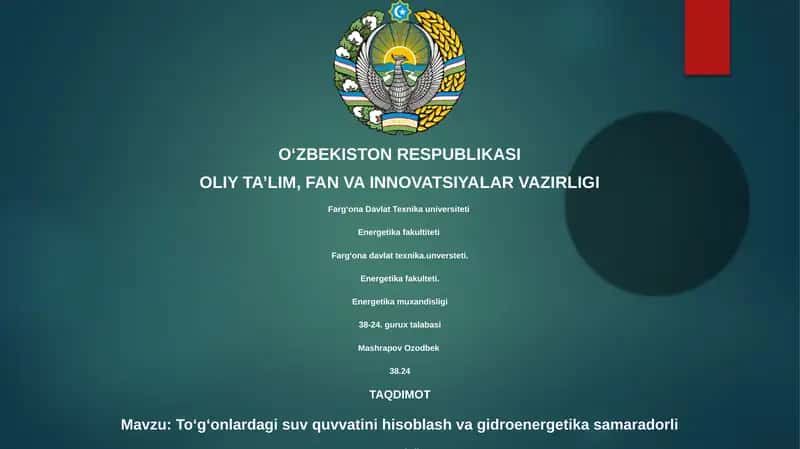 Toʻgʻonlardagi suv quvvatini hisoblash va gidroenergetika samaradorli