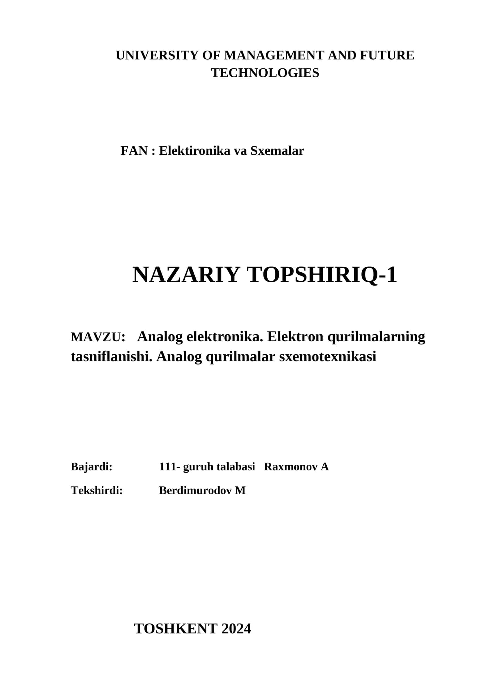 Аnalog elektronika. Elektron qurilmalarning tasniflanishi. Аnalog qurilmalar sxemotexnikasi