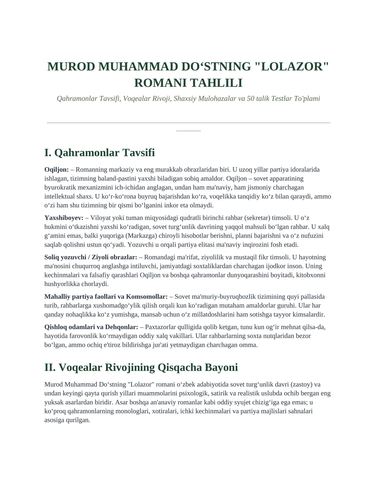 MUROD MUHAMMAD DO‘STNING "LOLAZOR" ROMANI TAHLILI