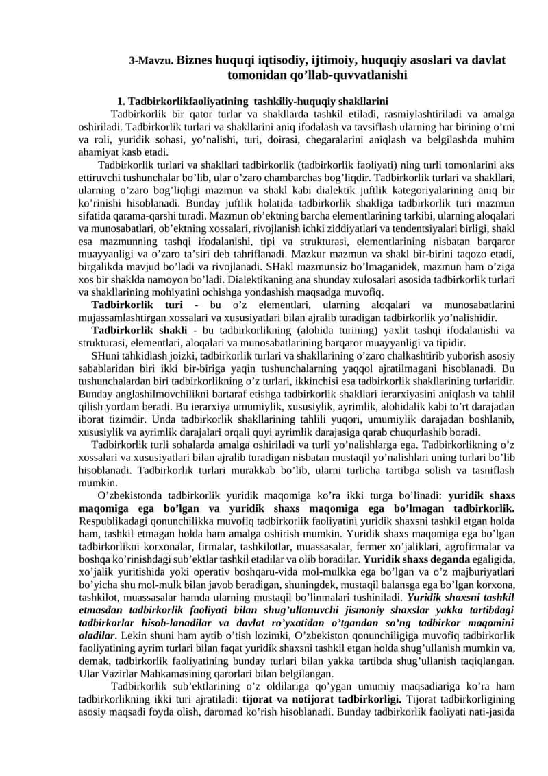 Tadbirkorlikfaoliyatining tashkiliy-huquqiy shakllarini