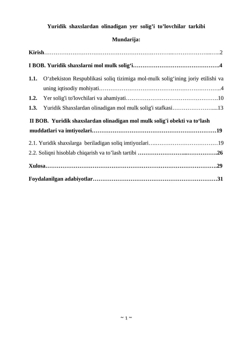 Yuridik shaxslardan olinadigan yer solig’i to’lovchilar tarkibi