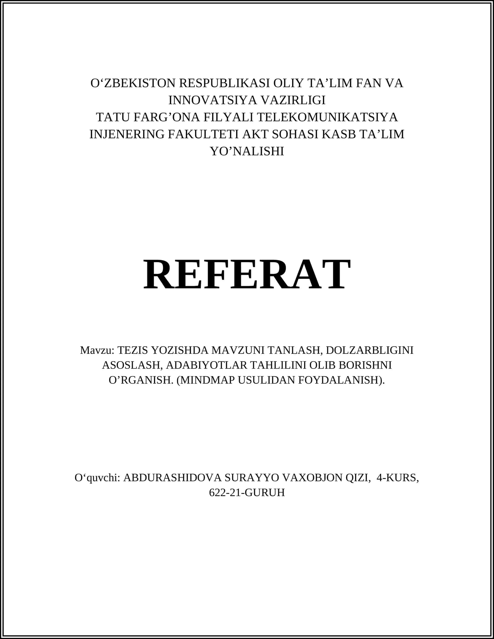 TEZIS yo'nalishini aniqlash