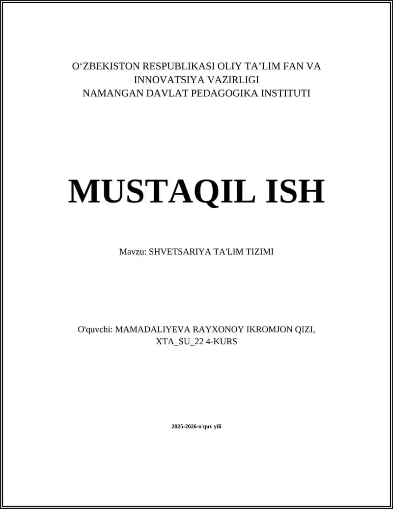 SHVETSARIYA TA'LIM TIZIMI