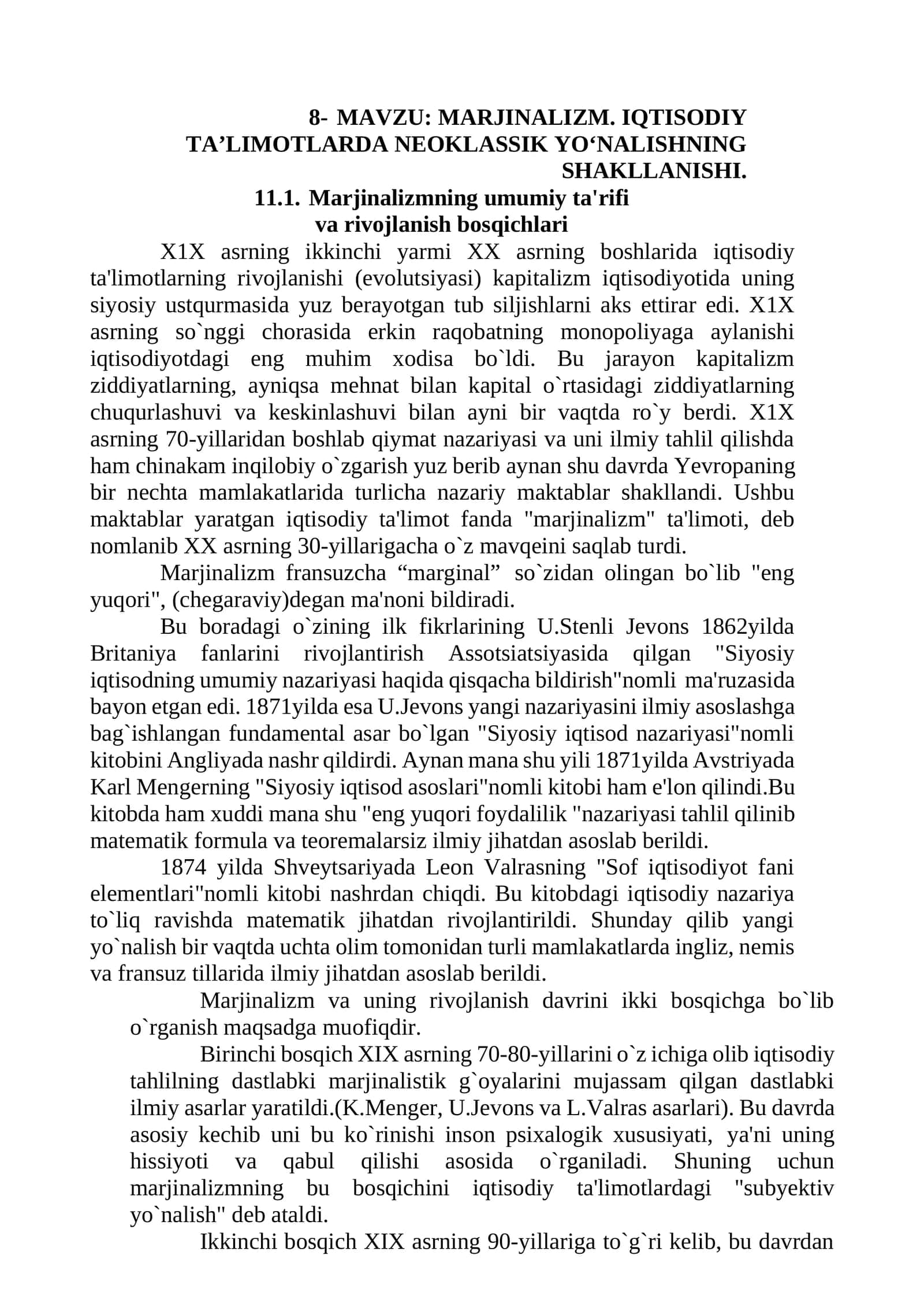 MARJINALIZM. IQTISODIY TA’LIMOTLARDA NEOKLASSIK YO‘NALISHNING SHAKLLANISHI