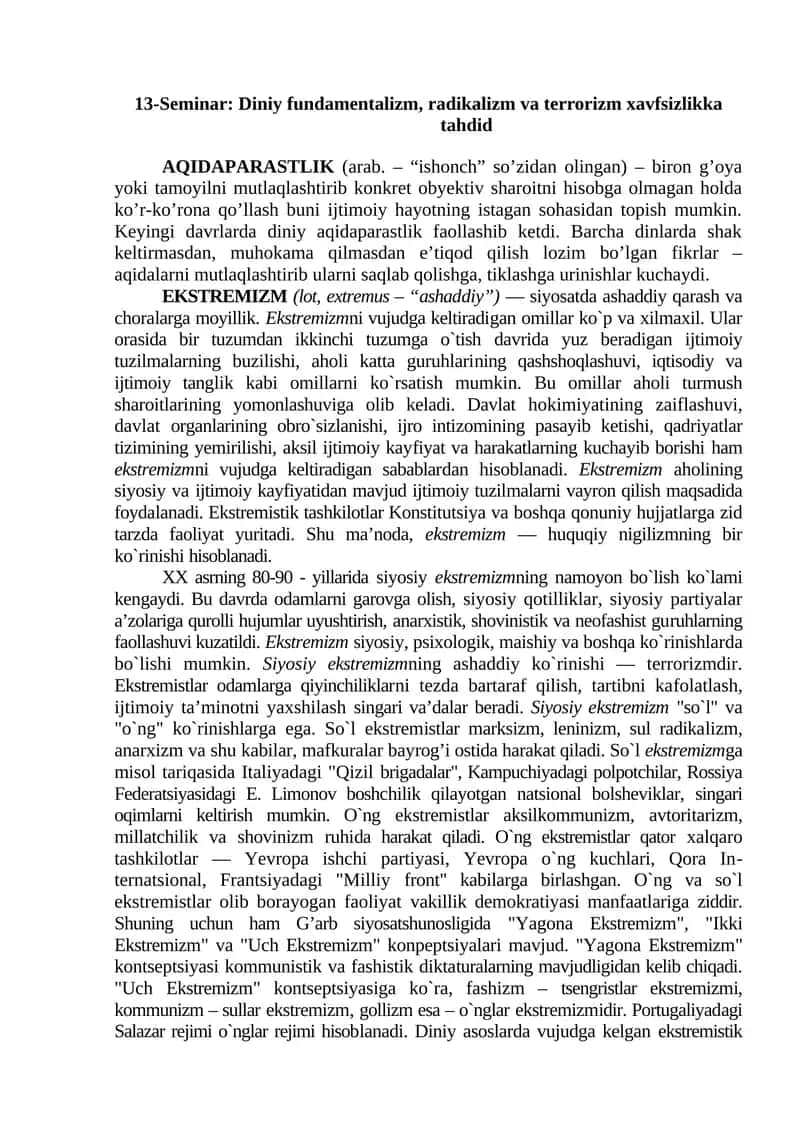 Diniy fundamentalizm, radikalizm va terrorizm xavfsizlikka tahdid