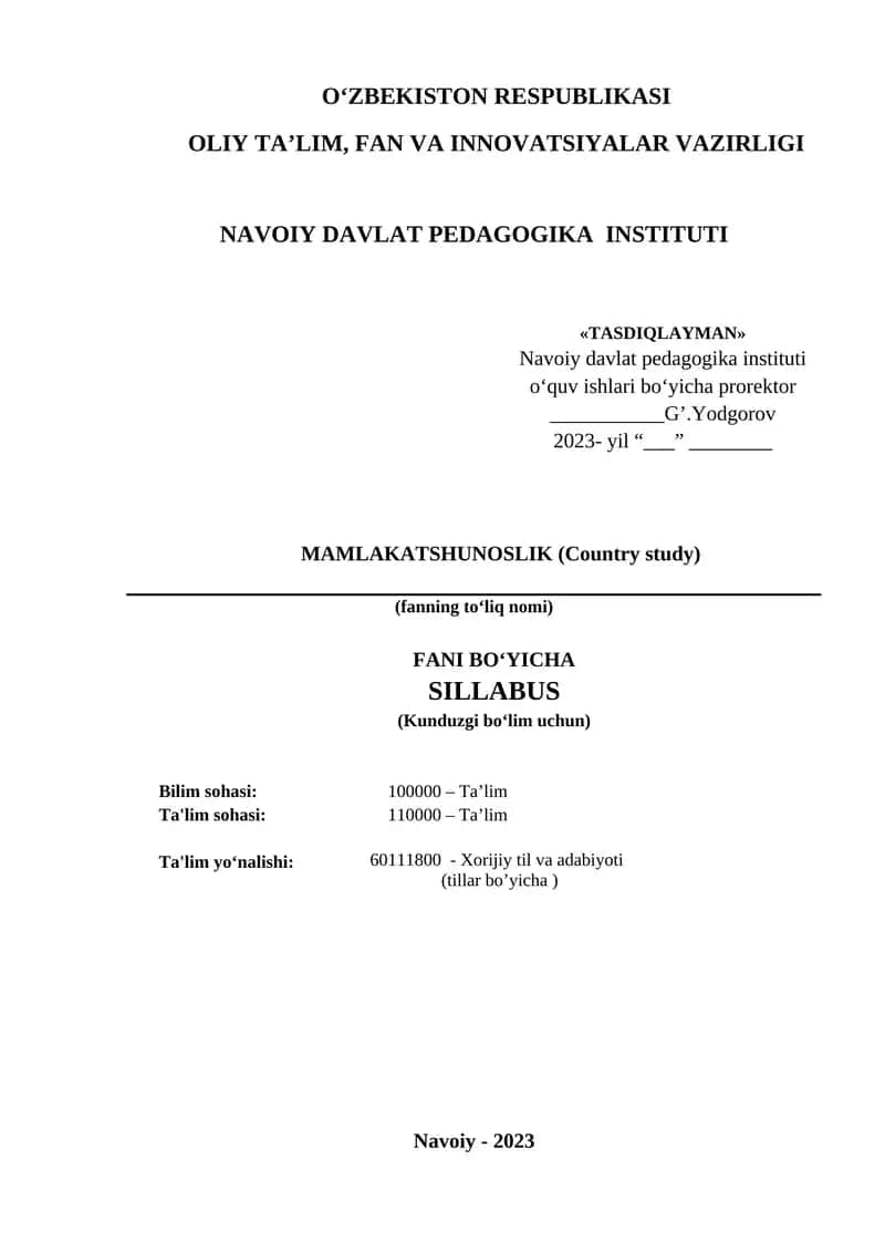 MAMLAKATSHUNOSLIK (Country study) FANI BO‘YICHA SILLABUS