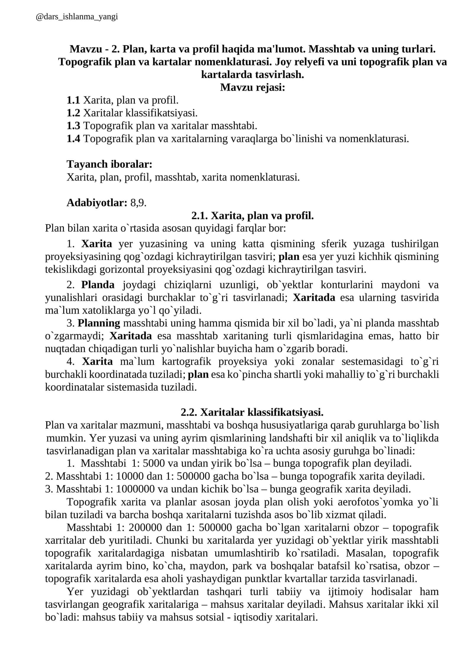 Xarita, plan va profil