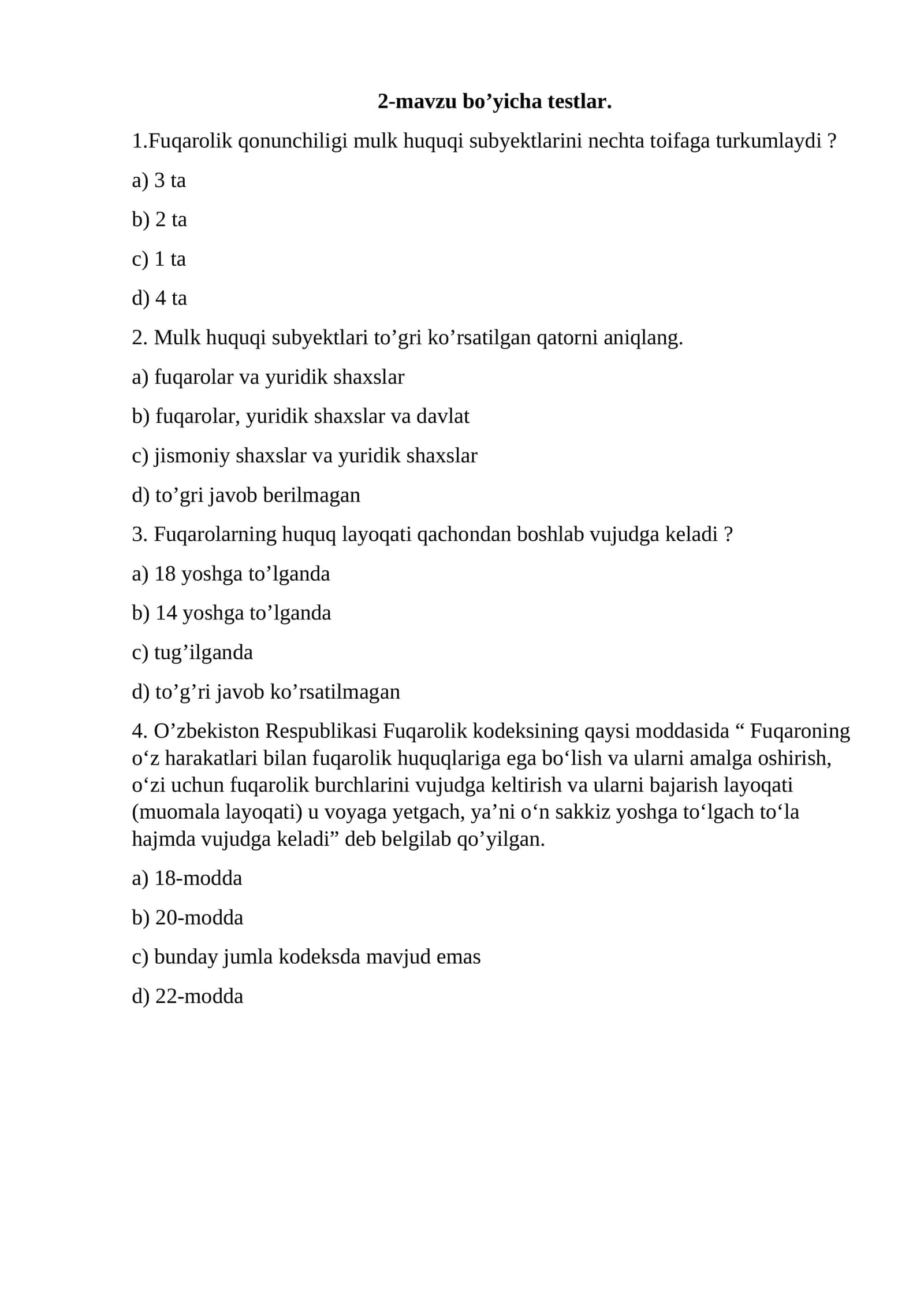 Fuqarolik qonunchiligi bo'yicha testlar