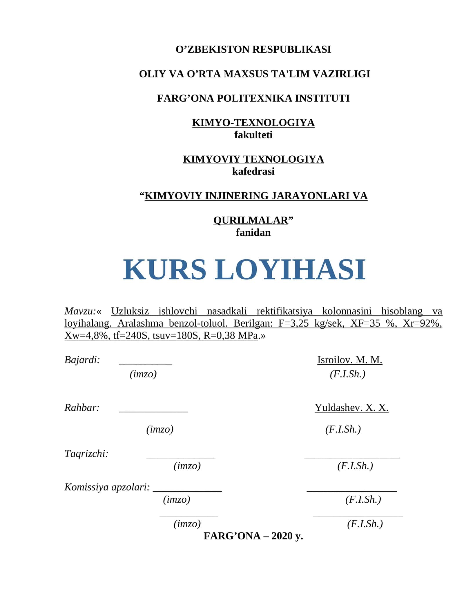Uzluksiz ishlovchi nasadkali rektifikatsiya kolonnasini hisoblang va loyihalang