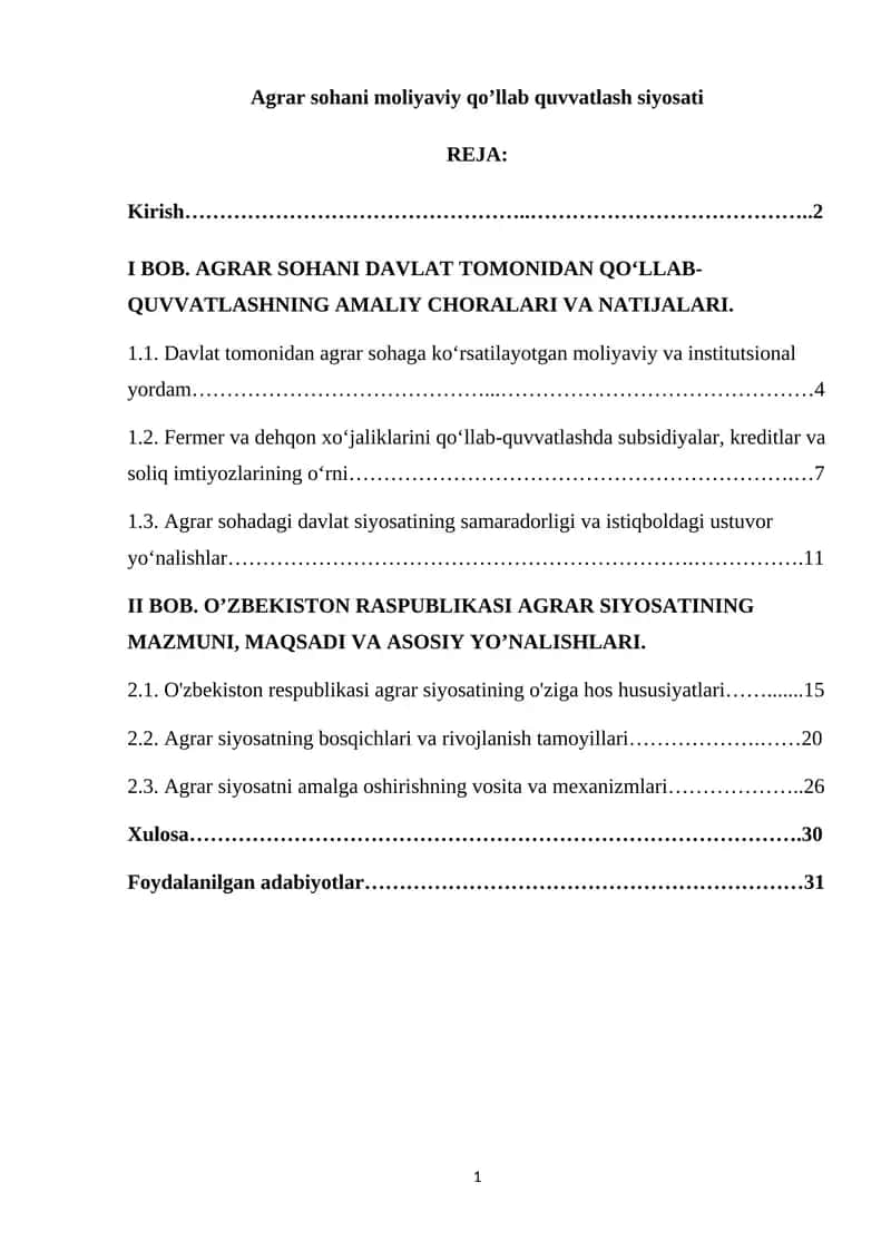 Agrar sohani moliyaviy qo’llab quvvatlash siyosati
