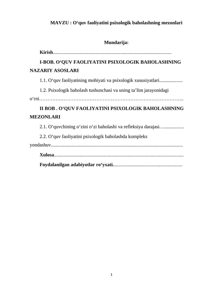 O‘quv faoliyatini psixologik baholashning mezonlari