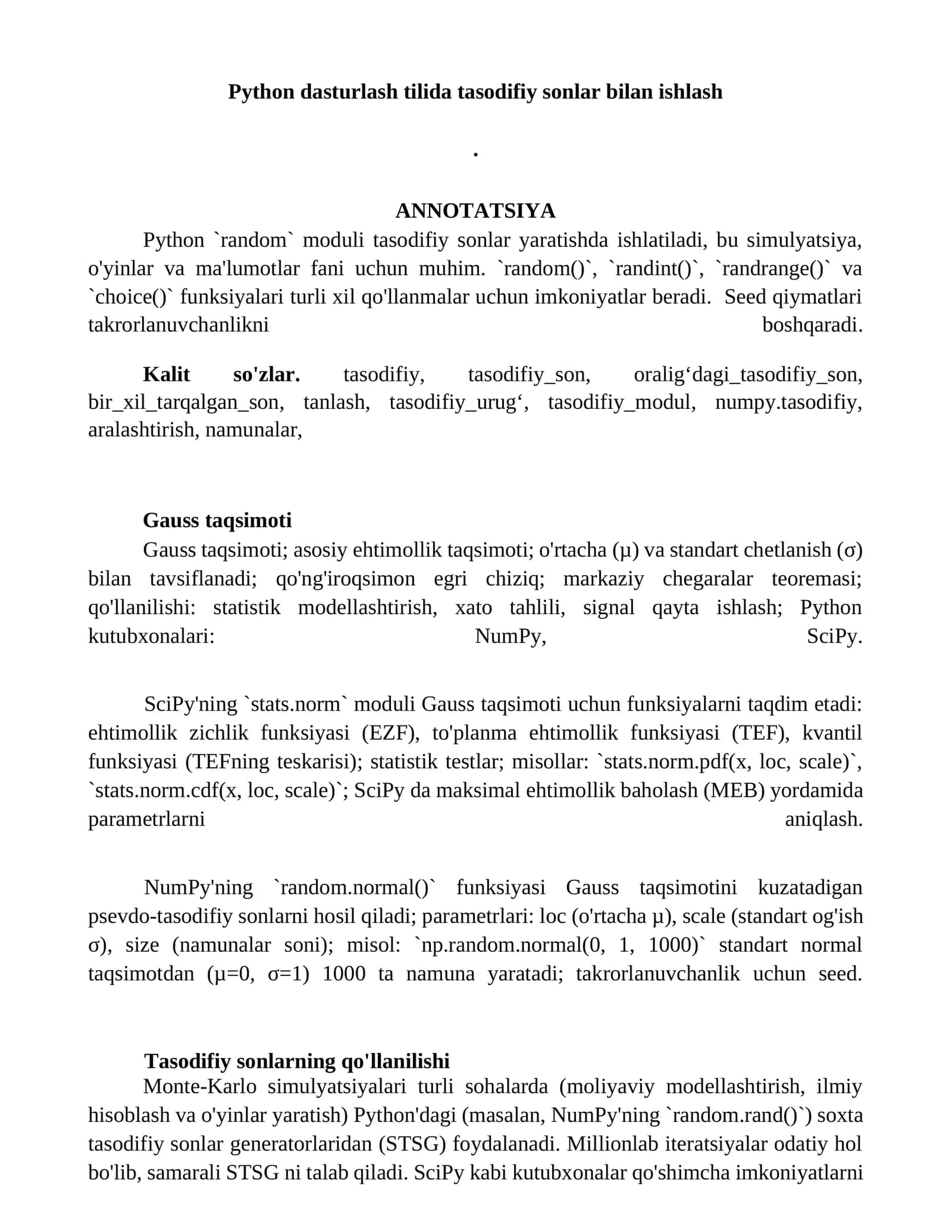 Python dasturlash tilida tasodifiy sonlar bilan ishlash