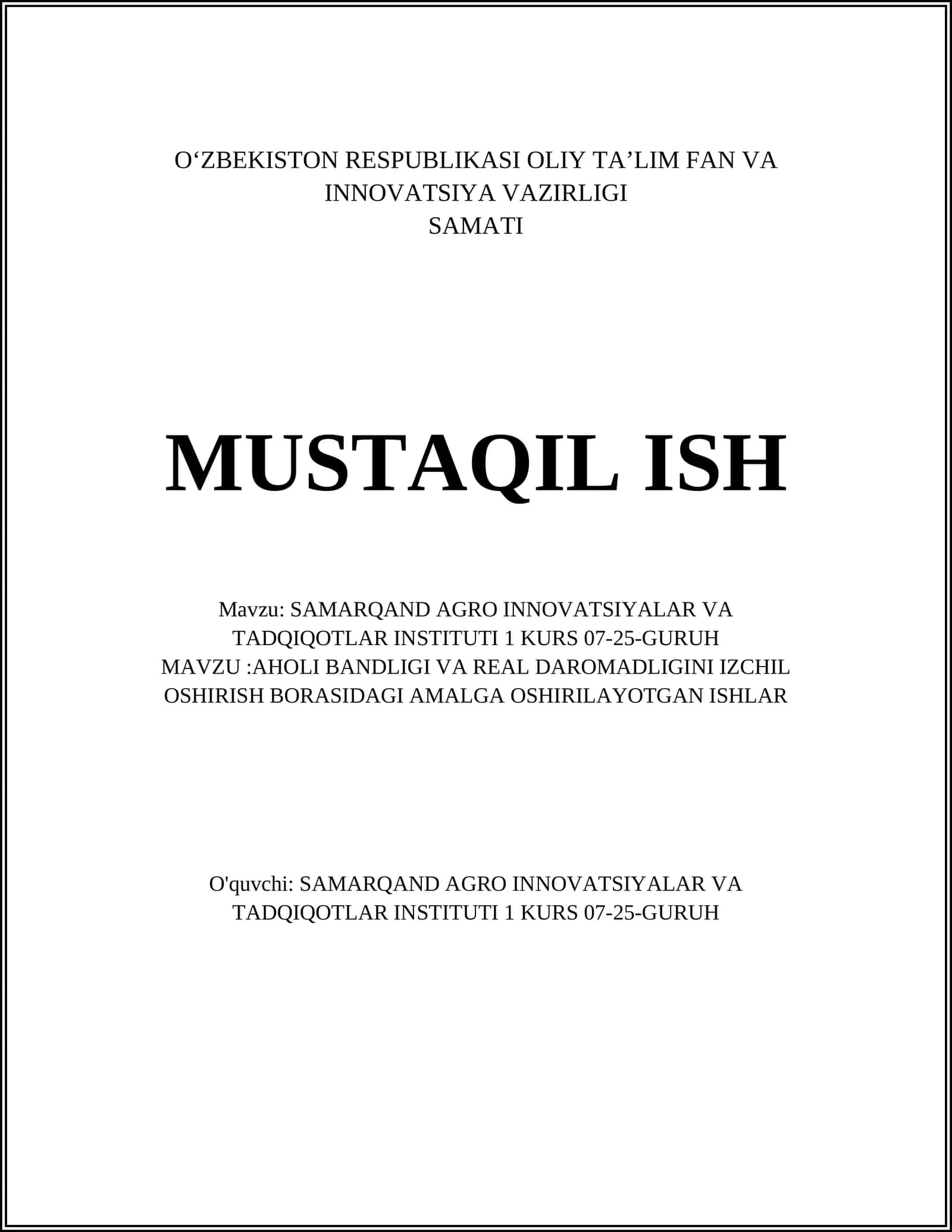 SAMARQAND AGRO INNOVATSIYALAR VA TADQIQOTLAR INSTITUTI 1 KURS 07-25-GURUH